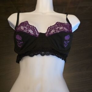 ROMWE Black and Purple Skull Lace Bralette Bra Size Large